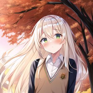 Preview wallpaper girl, blush, trees, autumn, anime