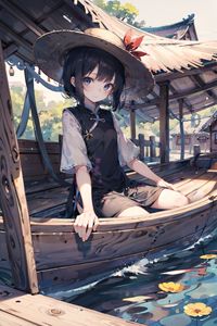 Preview wallpaper girl, boat, hat, anime