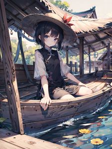 Preview wallpaper girl, boat, hat, anime