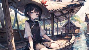 Preview wallpaper girl, boat, hat, anime