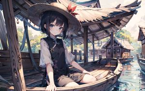 Preview wallpaper girl, boat, hat, anime