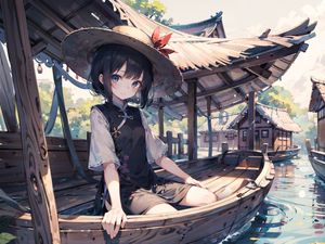 Preview wallpaper girl, boat, hat, anime
