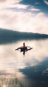 Preview wallpaper girl, boat, lake, alone