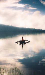 Preview wallpaper girl, boat, lake, alone