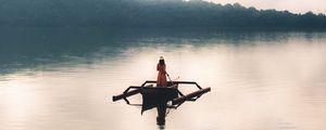 Preview wallpaper girl, boat, lake, alone