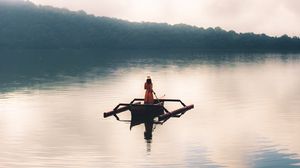 Preview wallpaper girl, boat, lake, alone