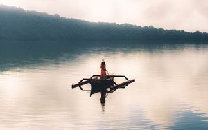 Preview wallpaper girl, boat, lake, alone