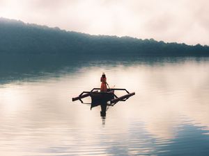 Preview wallpaper girl, boat, lake, alone