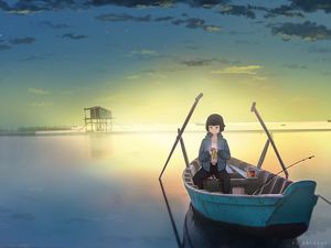 Preview wallpaper girl, boat, phone, anime