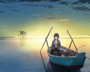 Preview wallpaper girl, boat, phone, anime