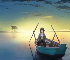 Preview wallpaper girl, boat, phone, anime
