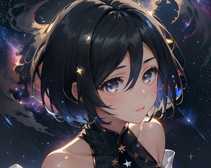 Preview wallpaper girl, bob, dress, stars, space, anime, art