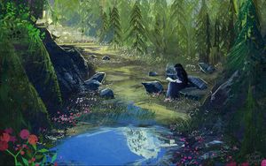 Preview wallpaper girl, book, alone, nature, art