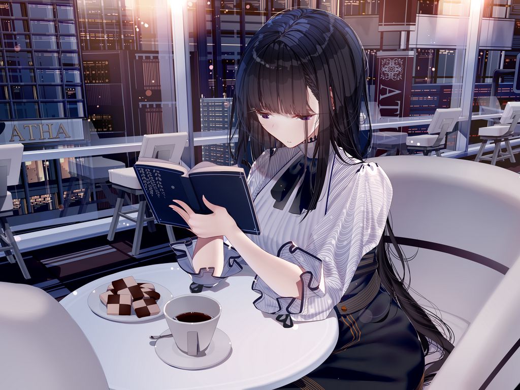 Download wallpaper 1024x768 girl, book, coffee, restaurant, anime standard  4:3 hd background