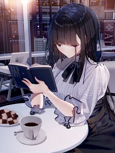 Preview wallpaper girl, book, coffee, restaurant, anime