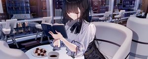 Preview wallpaper girl, book, coffee, restaurant, anime