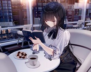 Preview wallpaper girl, book, coffee, restaurant, anime