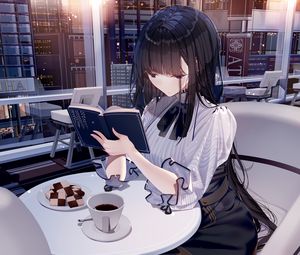 Preview wallpaper girl, book, coffee, restaurant, anime