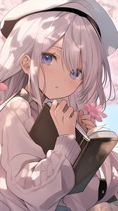 Preview wallpaper girl, book, flowers, pink, anime
