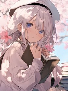 Preview wallpaper girl, book, flowers, pink, anime