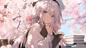 Preview wallpaper girl, book, flowers, pink, anime