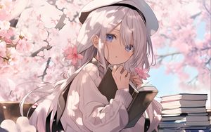 Preview wallpaper girl, book, flowers, pink, anime