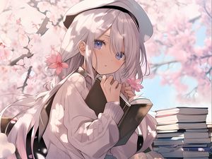 Preview wallpaper girl, book, flowers, pink, anime