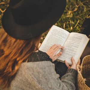 Preview wallpaper girl, book, hat, reading