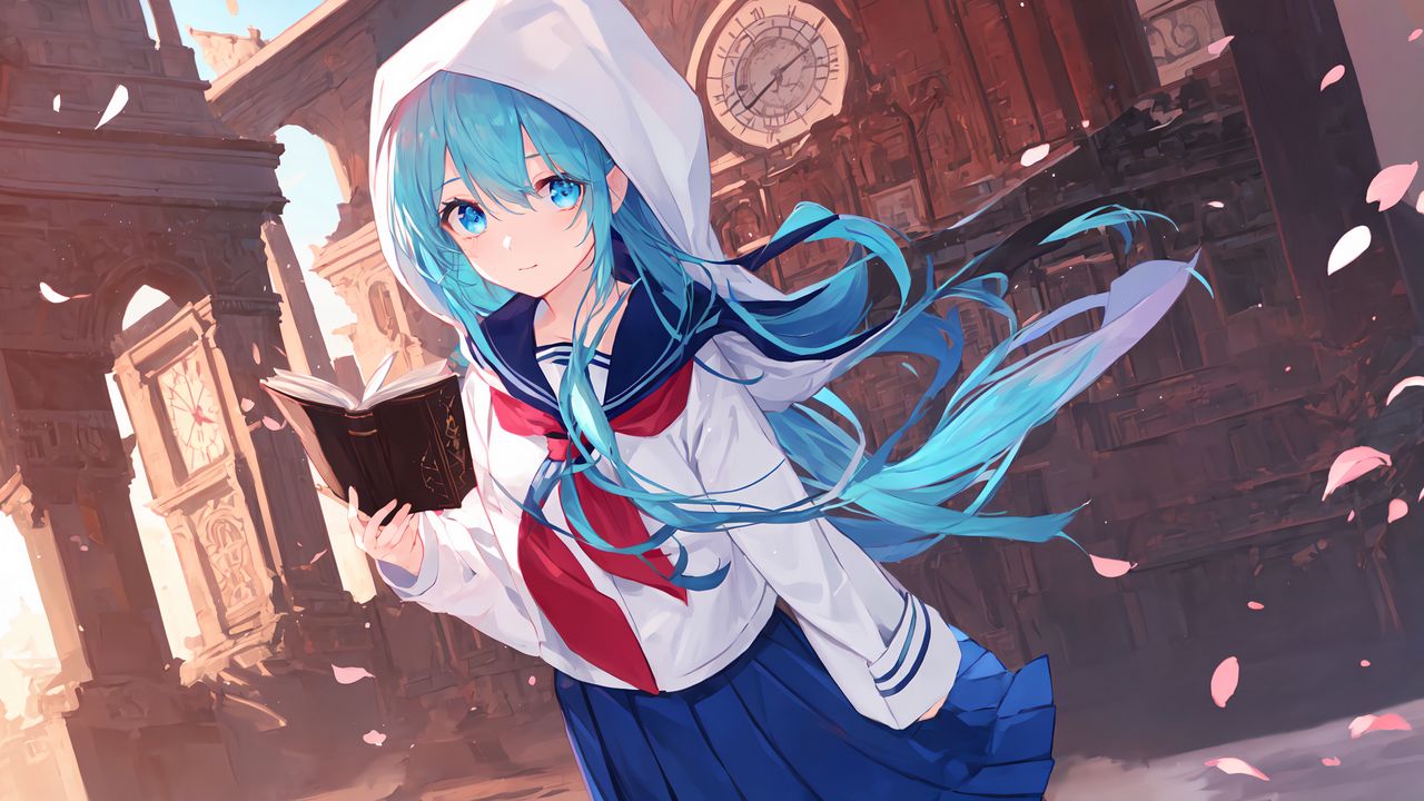 Wallpaper girl, book, hood, anime, art