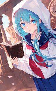 Preview wallpaper girl, book, hood, anime, art