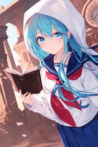 Preview wallpaper girl, book, hood, anime, art