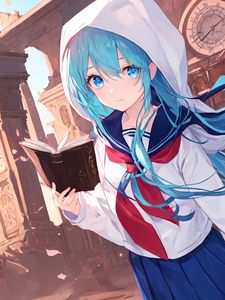 Preview wallpaper girl, book, hood, anime, art