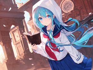 Preview wallpaper girl, book, hood, anime, art