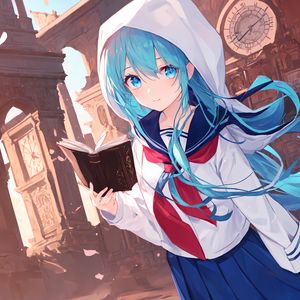 Preview wallpaper girl, book, hood, anime, art