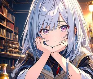 Preview wallpaper girl, book, library, anime