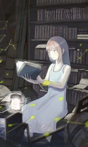 Preview wallpaper girl, book, library, reading, anime