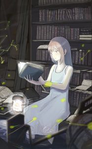 Preview wallpaper girl, book, library, reading, anime