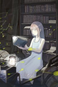 Preview wallpaper girl, book, library, reading, anime