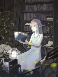 Preview wallpaper girl, book, library, reading, anime