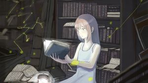 Preview wallpaper girl, book, library, reading, anime