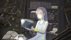 Preview wallpaper girl, book, library, reading, anime