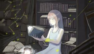 Preview wallpaper girl, book, library, reading, anime