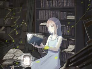 Preview wallpaper girl, book, library, reading, anime