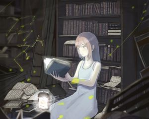 Preview wallpaper girl, book, library, reading, anime