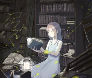 Preview wallpaper girl, book, library, reading, anime