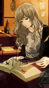 Preview wallpaper girl, book, pages, illusion, anime