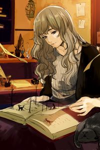 Preview wallpaper girl, book, pages, illusion, anime