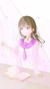 Preview wallpaper girl, book, petals, anime, art, pink