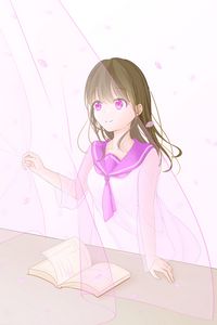 Preview wallpaper girl, book, petals, anime, art, pink