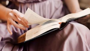 Preview wallpaper girl, book, reading, hand, dress